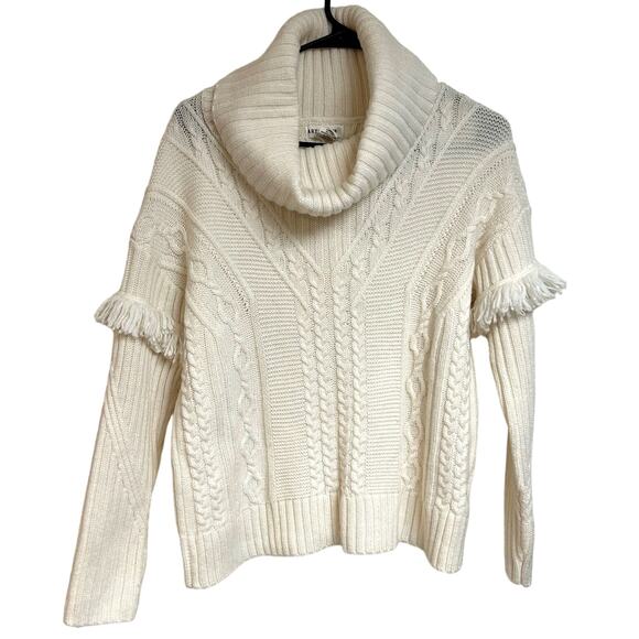 Artisan NY White Wool Blend Tan Knit Cowl Neck Sweater Fringe Boho Artsy Size S - Picture 1 of 8